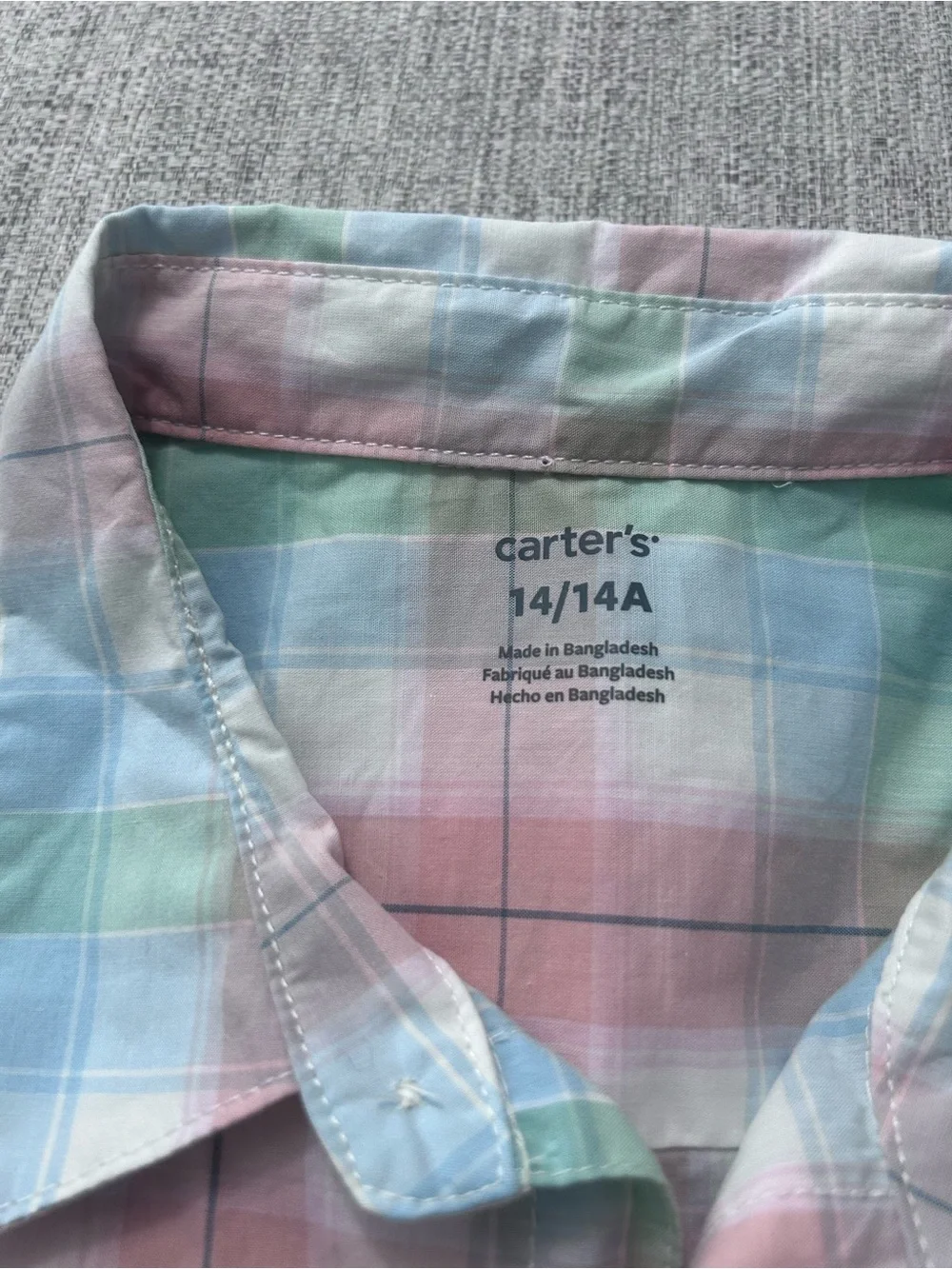Carter's Youth Pastel Plaid Button-Down Shirt - 100% Cotton Size 14
